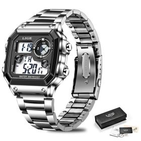 2022 NEW Luxury Brand Men Watch Military Digital Sport Wristwatch Mens Steel Strap Waterproof Clock Male Relogio Masculino (Color: silver black)